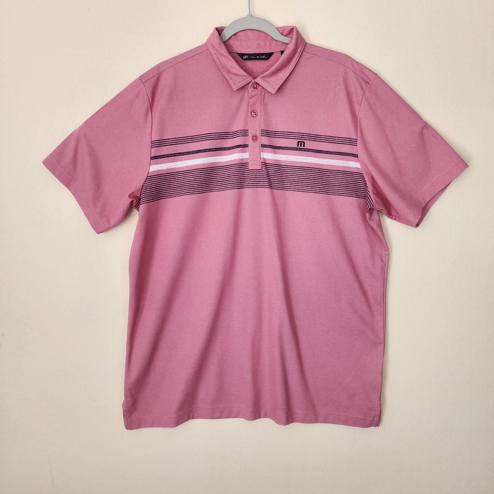 TravisMathew Mens XL Pink Striped Short Sleeve Golf Polo Shirt Cotton Blend